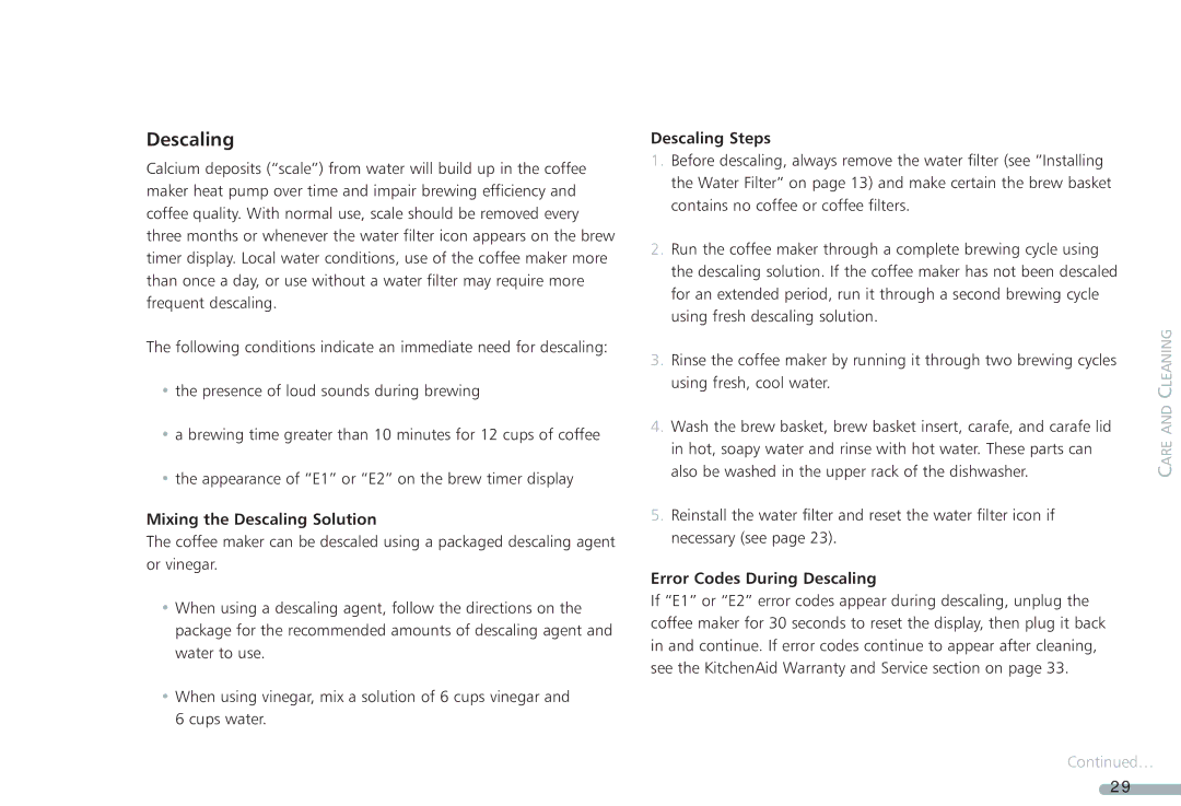KitchenAid KPCM050 manual Mixing the Descaling Solution, Descaling Steps, Error Codes During Descaling 