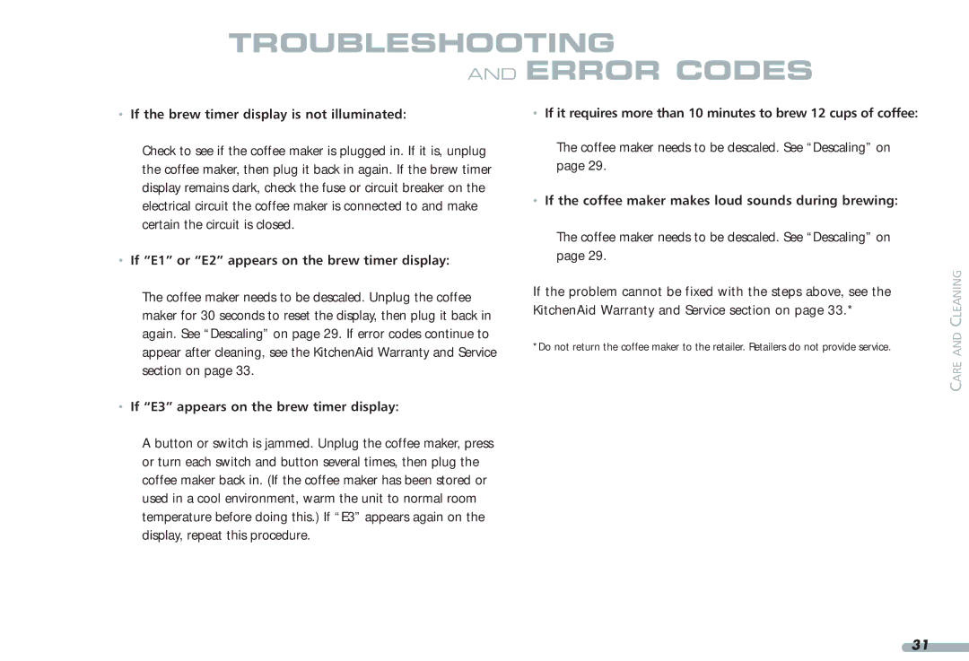 KitchenAid KPCM050 manual Troubleshooting Error Codes, If the brew timer display is not illuminated 