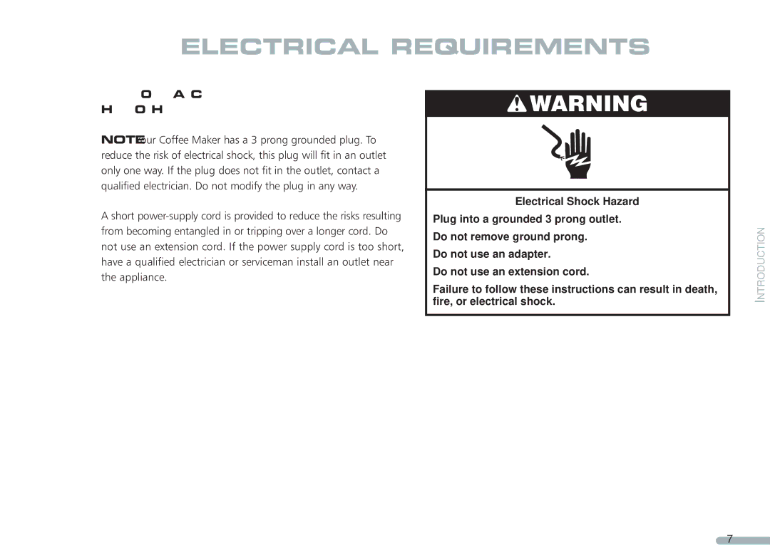 KitchenAid KPCM050 manual Electrical Requirements, Volts 120 V.A.C. only Hertz 60 Hz 