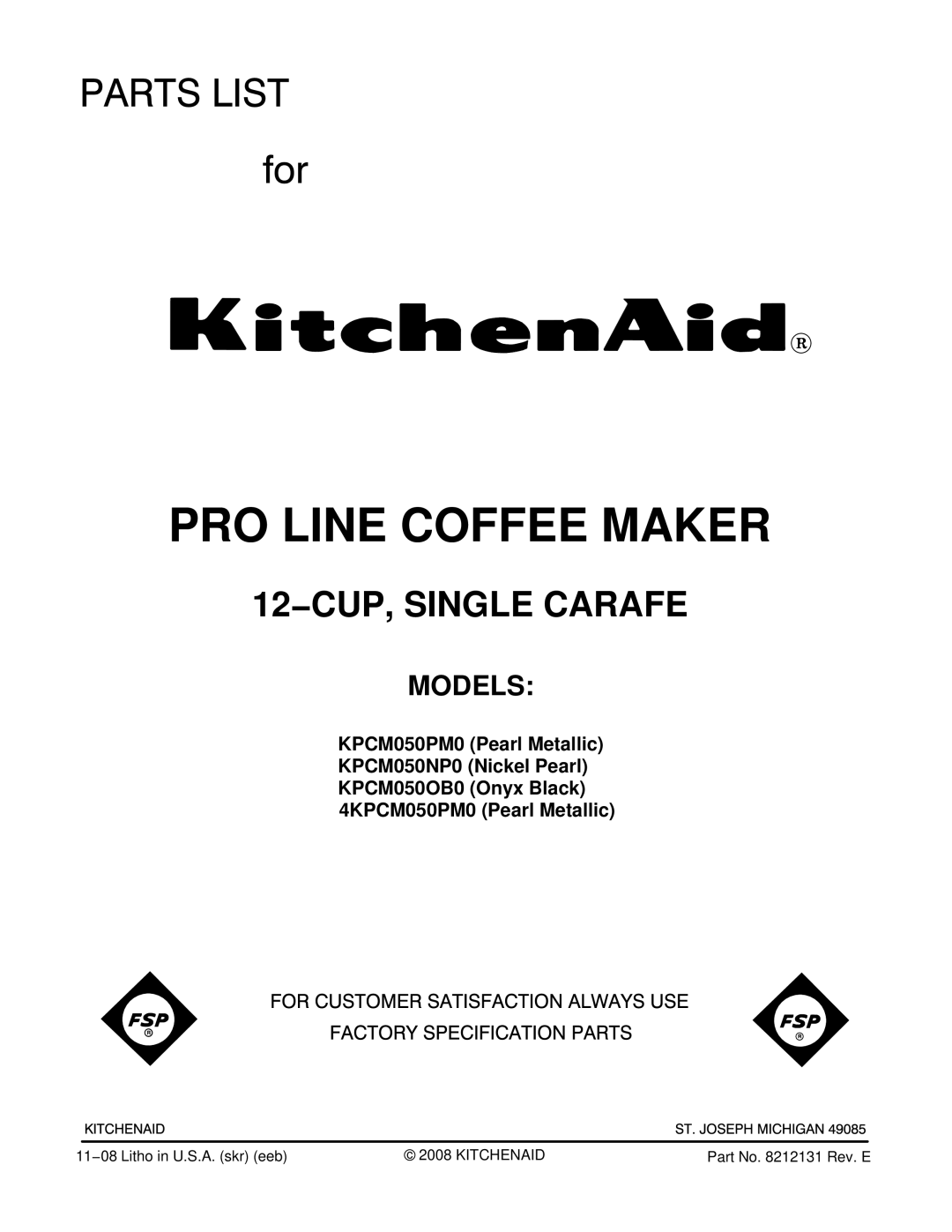 KitchenAid KPCM050OB0, KPCM050NP0, 4KPCM050PM0 manual PRO Line Coffee Maker, Models 