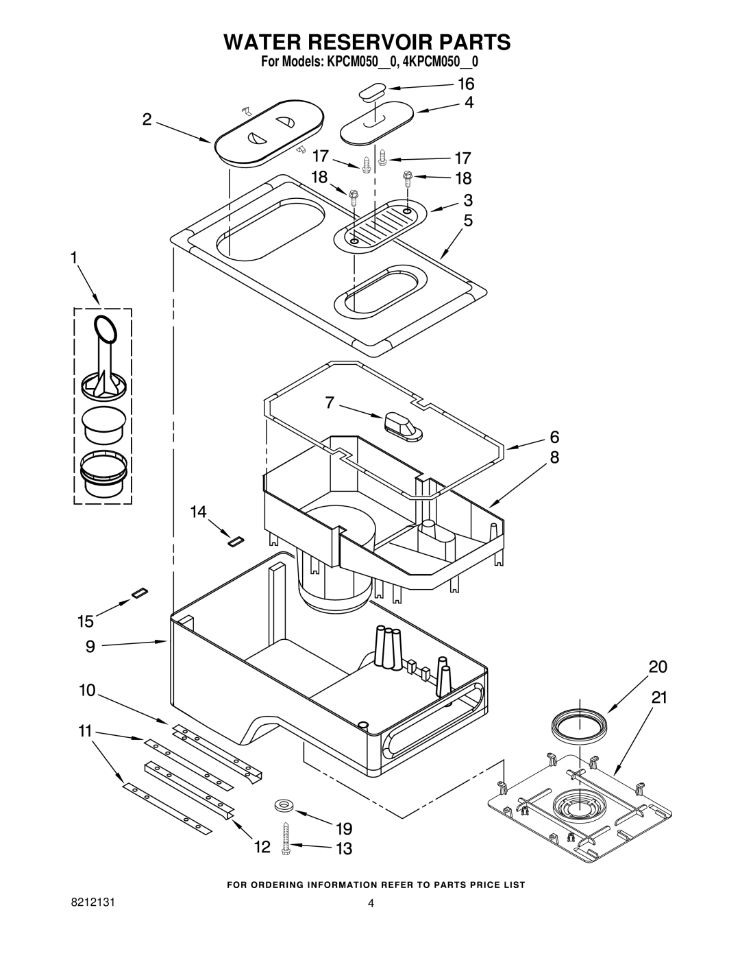 KitchenAid KPCM050OB0, KPCM050NP0, 4KPCM050PM0 manual Water Reservoir Parts 