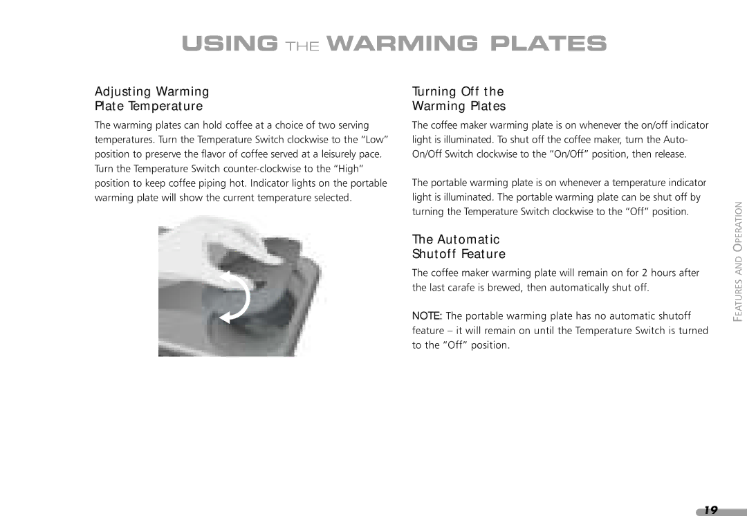 KitchenAid KPCM100 manual Using the Warming Plates, Adjusting Warming Plate Temperature, Turning Off Warming Plates 