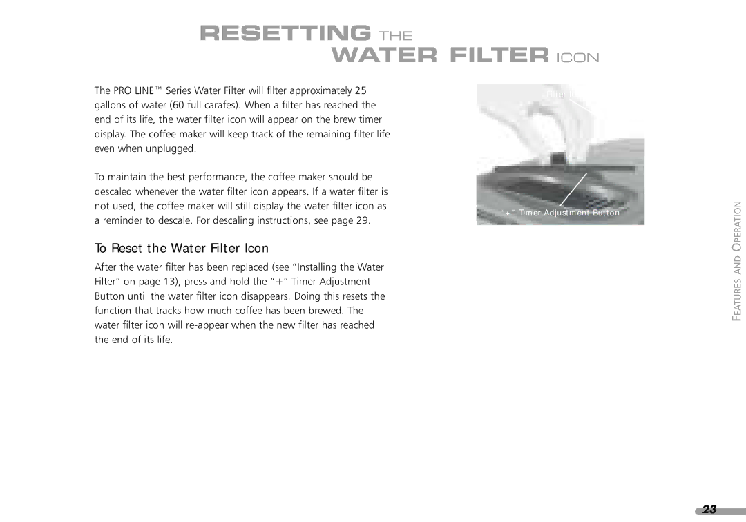 KitchenAid KPCM100 manual Resetting Water Filter Icon, To Reset the Water Filter Icon 