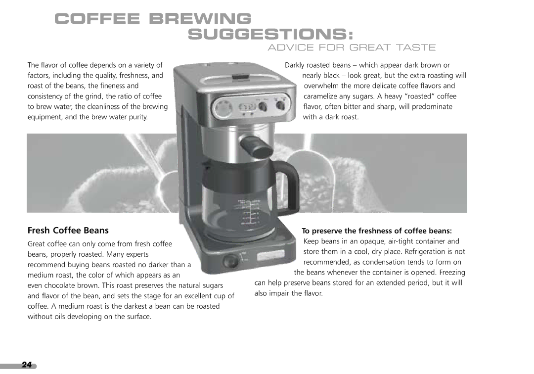 KitchenAid KPCM100 manual Coffee Brewing Suggestions, Fresh Coffee Beans, To preserve the freshness of coffee beans 