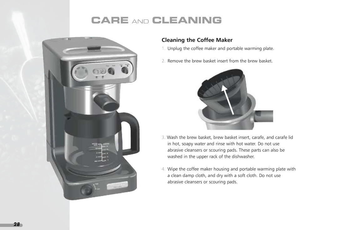 KitchenAid KPCM100 manual Care and Cleaning, Cleaning the Coffee Maker 