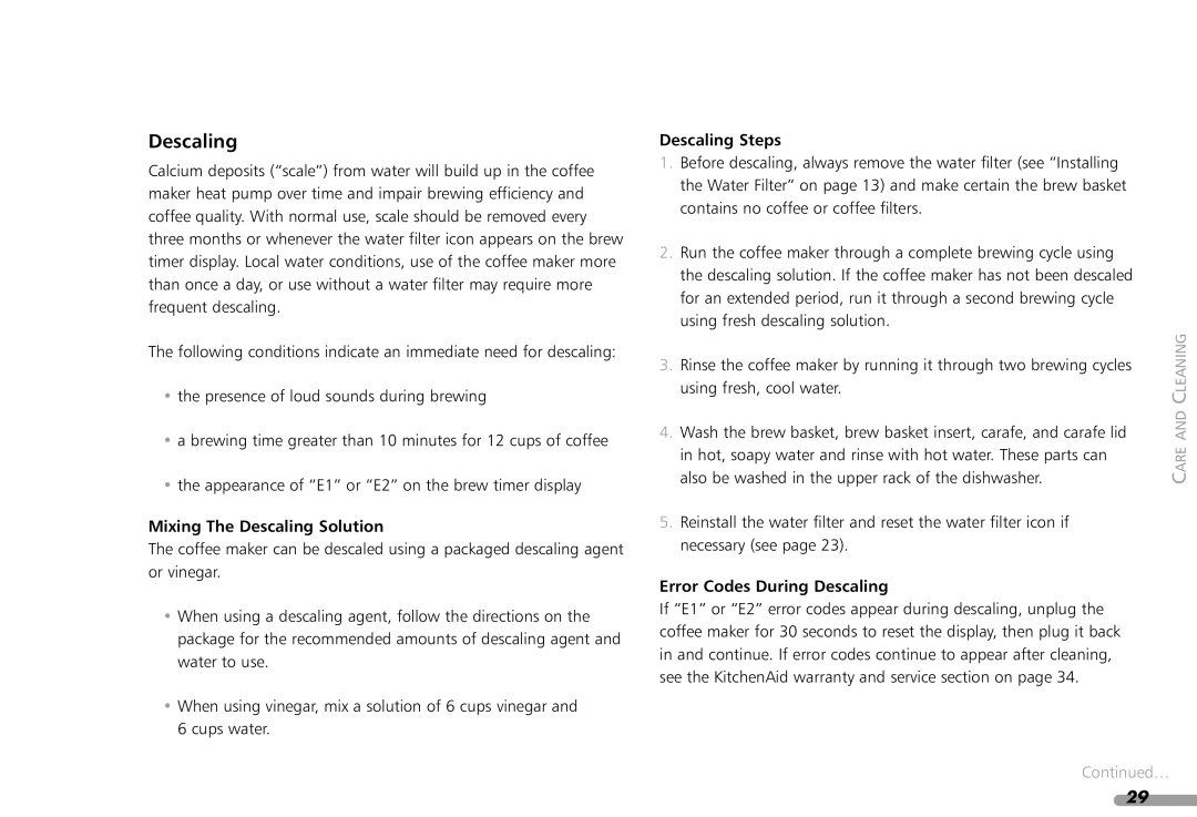 KitchenAid KPCM100 manual Mixing The Descaling Solution, Descaling Steps, Error Codes During Descaling 