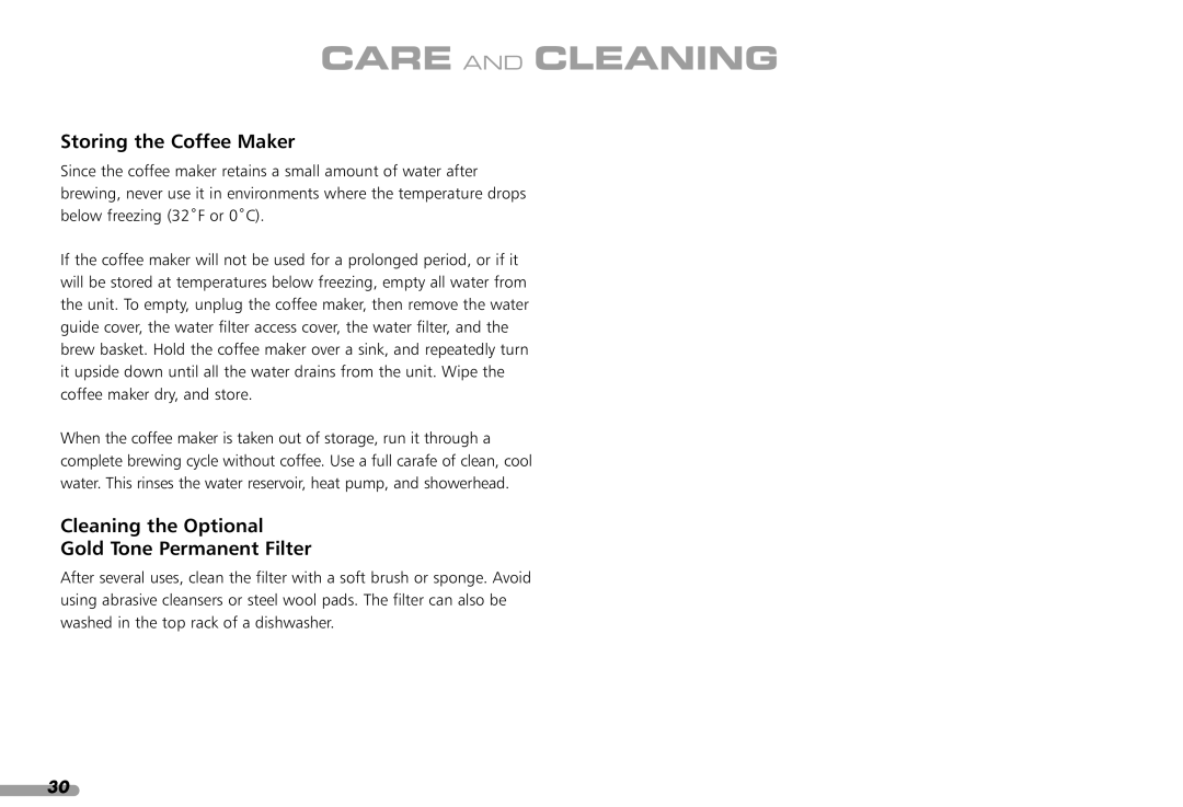 KitchenAid KPCM100 manual Storing the Coffee Maker, Cleaning the Optional Gold Tone Permanent Filter 