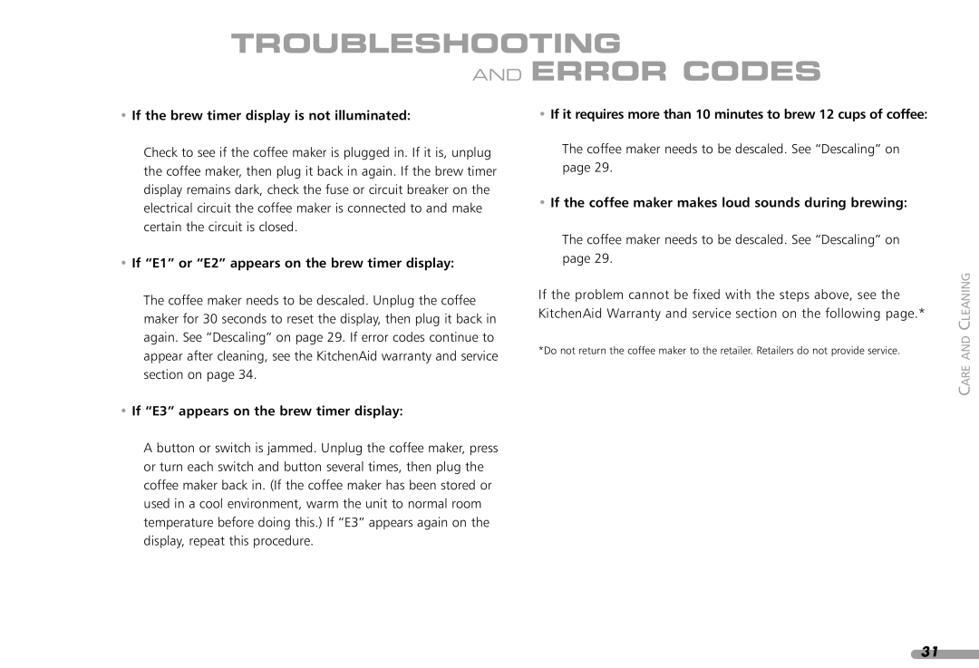 KitchenAid KPCM100 manual Troubleshooting Error Codes, If the brew timer display is not illuminated 