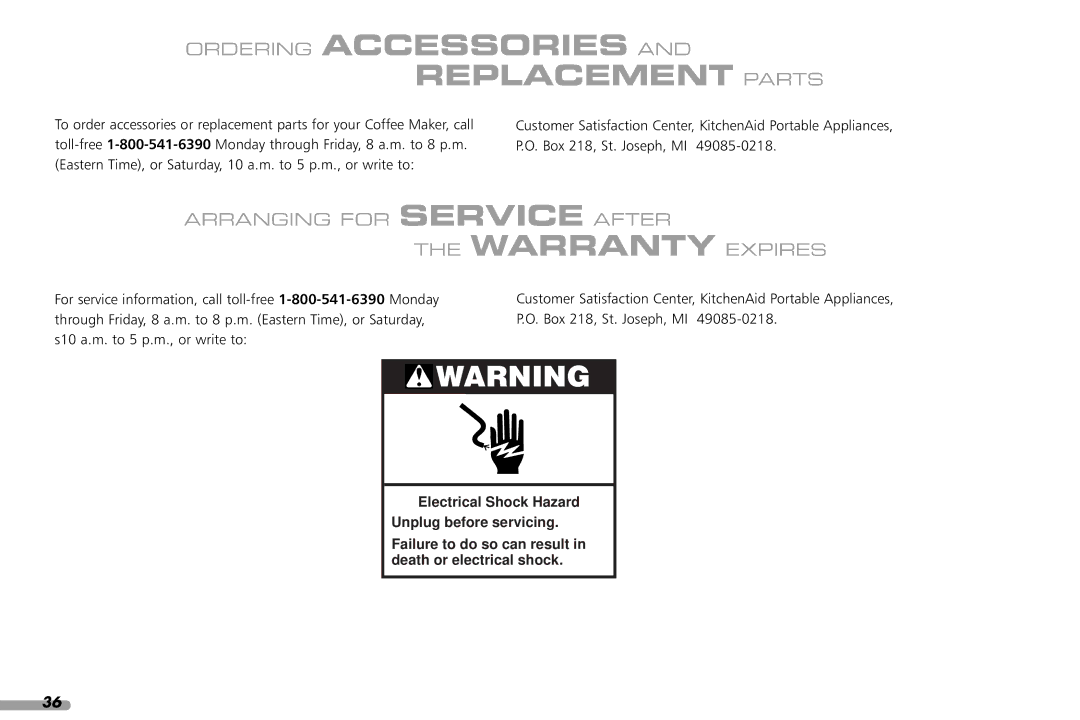 KitchenAid KPCM100 manual Replacement Parts, Arranging for Service After Warranty Expires 