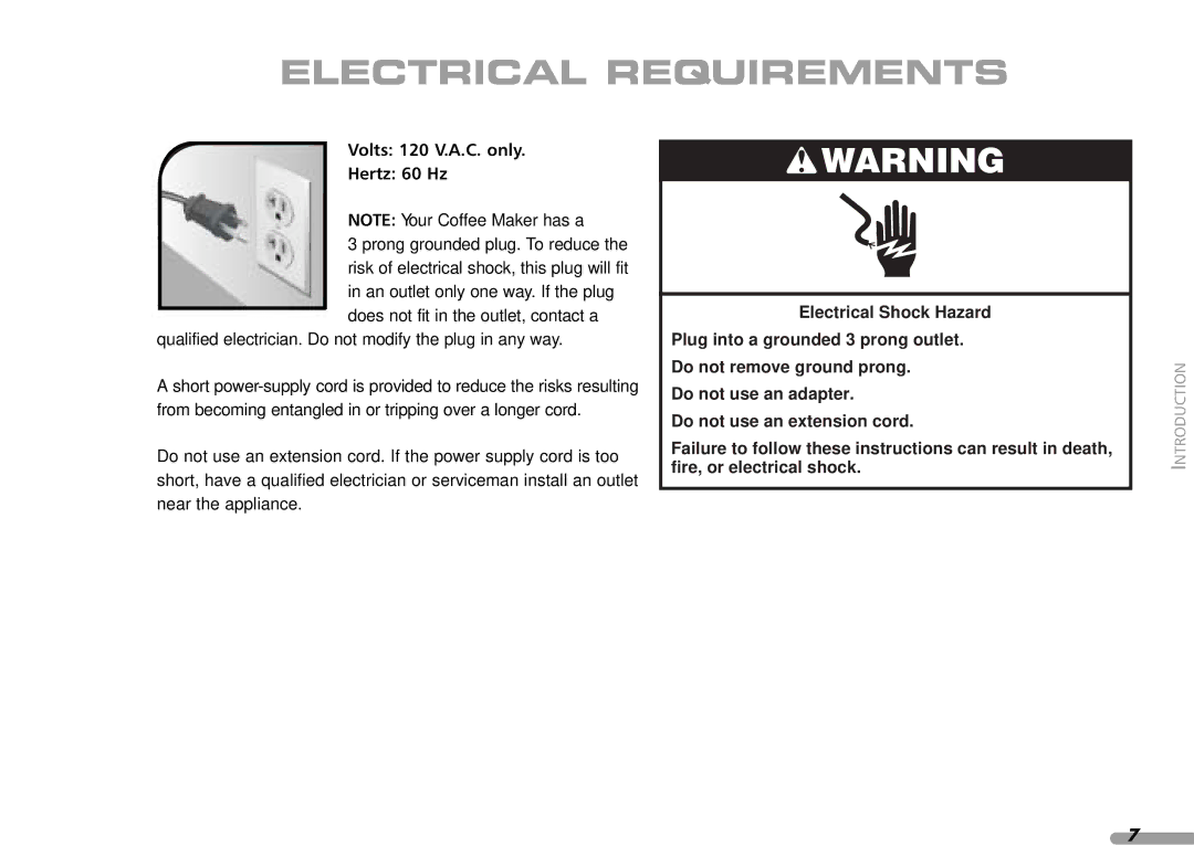 KitchenAid KPCM100 manual Electrical Requirements, Volts 120 V.A.C. only Hertz 60 Hz 