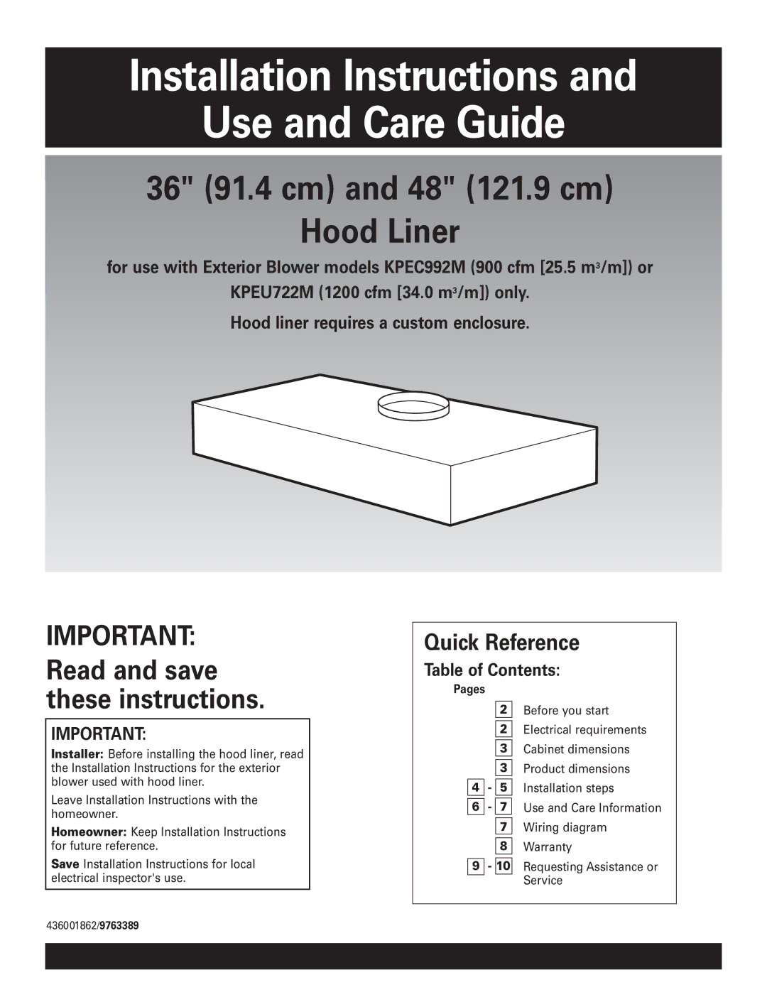 KitchenAid KPEC992M installation instructions Installation Instructions Use and Care Guide 