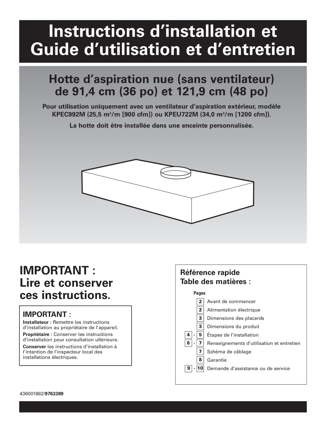 KitchenAid KPEC992M installation instructions Important Lire et conserver ces instructions 