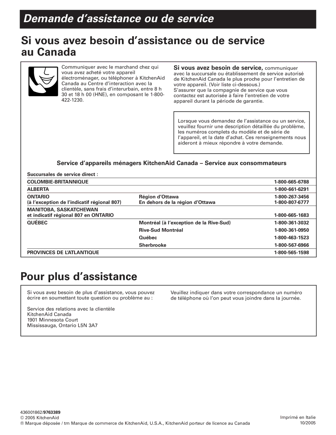 KitchenAid KPEC992M Demande d’assistance ou de service, Si vous avez besoin d’assistance ou de service au Canada 