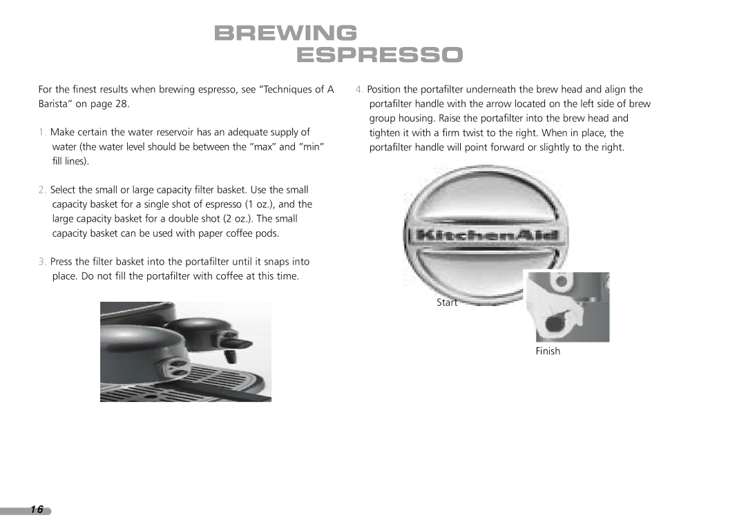 KitchenAid KPES100 manual Brewing Espresso 