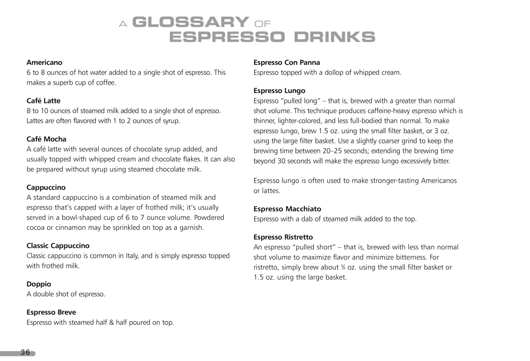 KitchenAid KPES100 manual Glossary of Espresso Drinks 