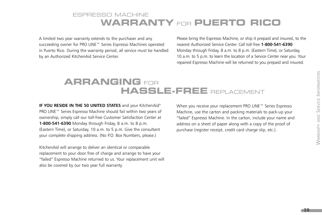 KitchenAid KPES100 manual Warranty for Puerto Rico, Arranging for HASSLE-FREE Replacement 