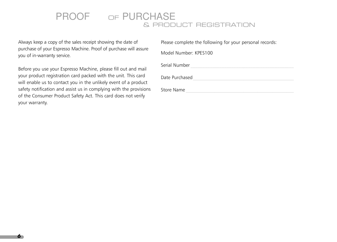 KitchenAid KPES100 manual Proof of Purchase, Product Registration 