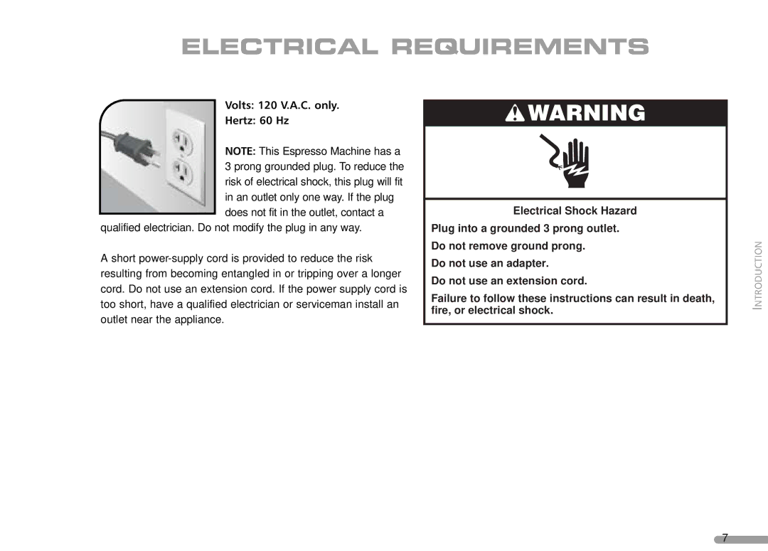 KitchenAid KPES100 manual Electrical Requirements, Volts 120 V.A.C. only Hertz 60 Hz 