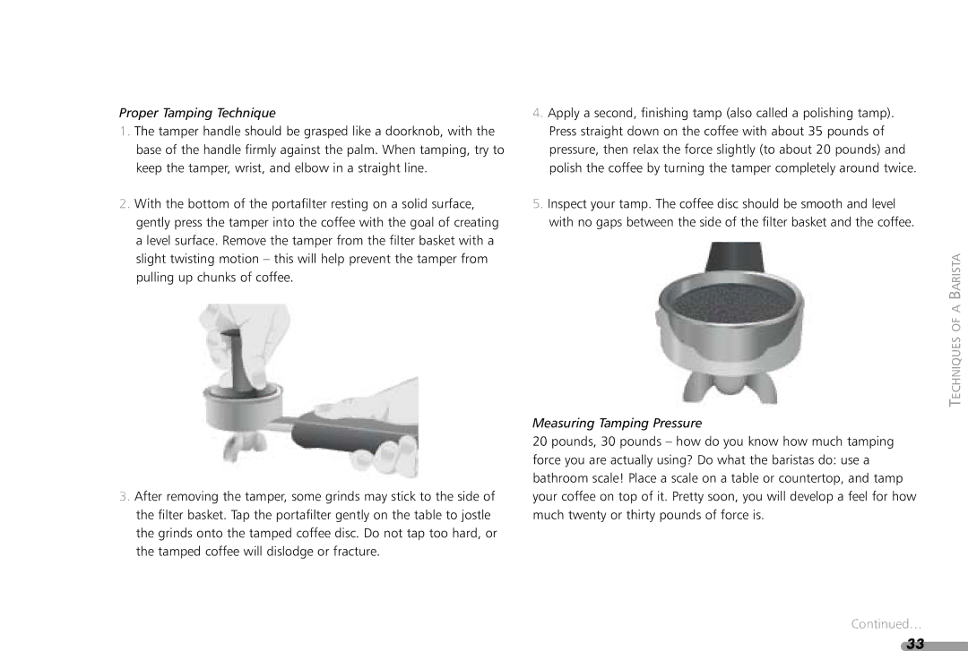 KitchenAid KPES100 manual Proper Tamping Technique 