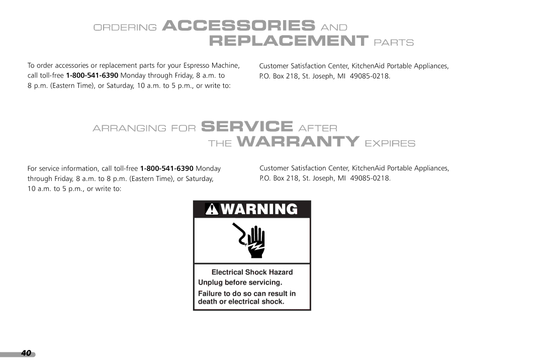 KitchenAid KPES100 manual Replacement Parts, Arranging for Service After Warranty Expires 