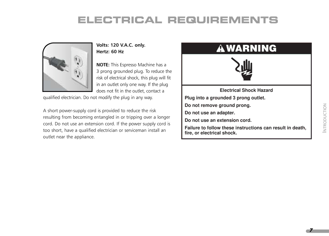 KitchenAid KPES100 manual Electrical Requirements, Volts 120 V.A.C. only Hertz 60 Hz 