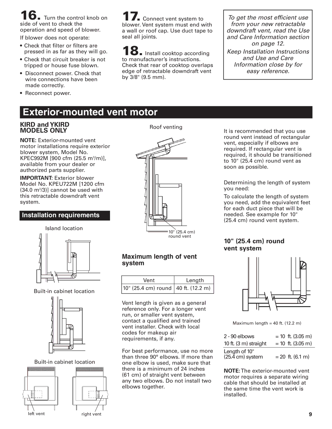 KitchenAid KPEU722M installation instructions Kird and Ykird, 10 25.4 cm round vent system 