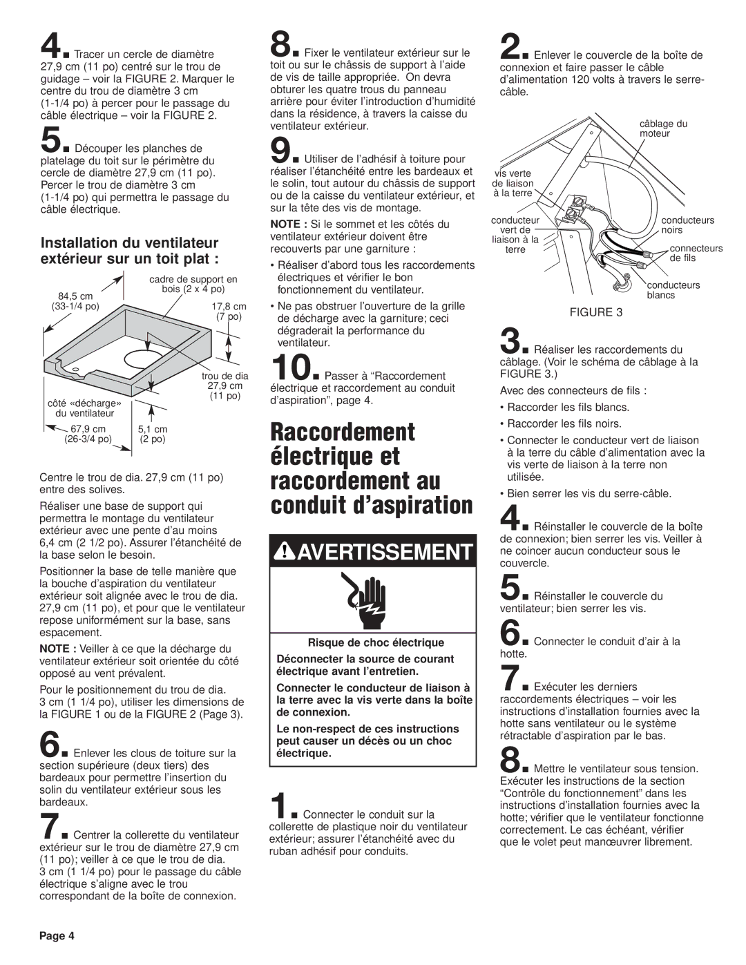 KitchenAid KPEU722M installation instructions Installation du ventilateur extérieur sur un toit plat 