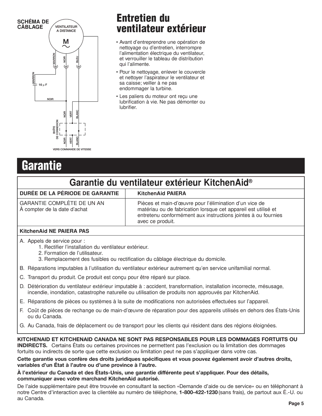 KitchenAid KPEU722M Entretien du ventilateur extérieur, Garantie du ventilateur extérieur KitchenAid, KitchenAid Paiera 