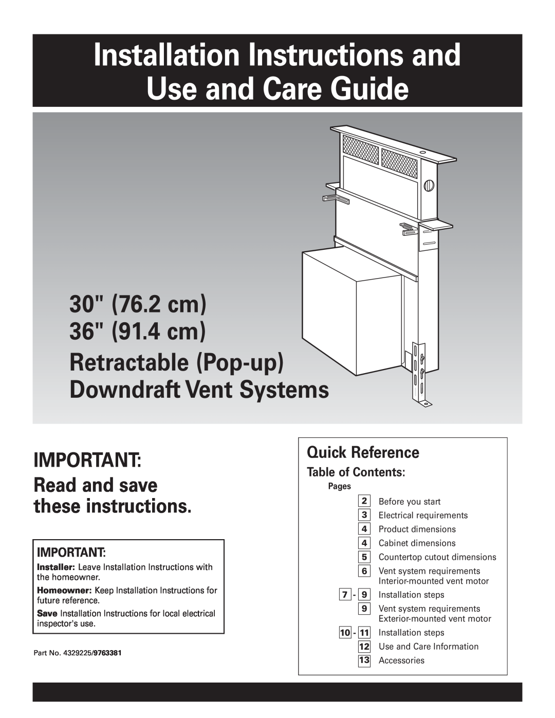 KitchenAid KPEU722M installation instructions Installation Instructions and Use and Care Guide, Quick Reference, Pages 