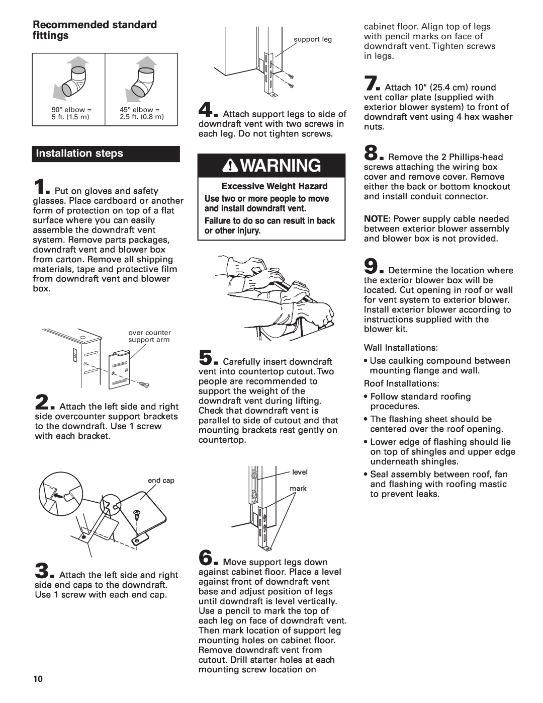 KitchenAid KPEU722M installation instructions Recommended standard, fittings, Installation steps, support leg 