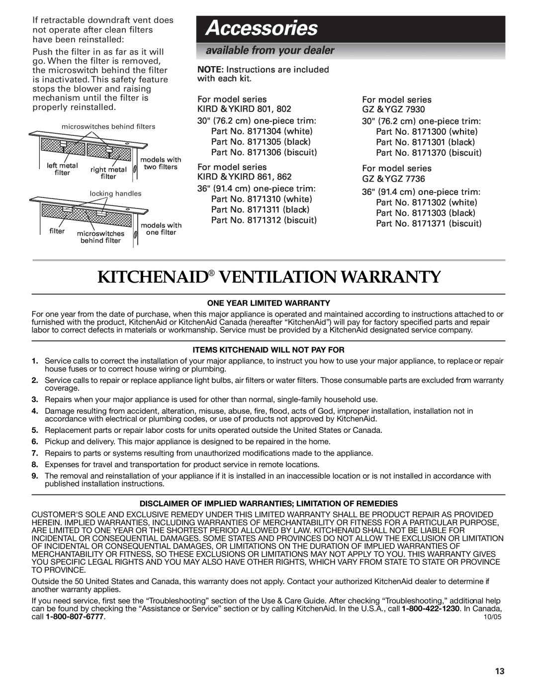 KitchenAid KPEU722M installation instructions Accessories, Kitchenaid Ventilation Warranty, available from your dealer 