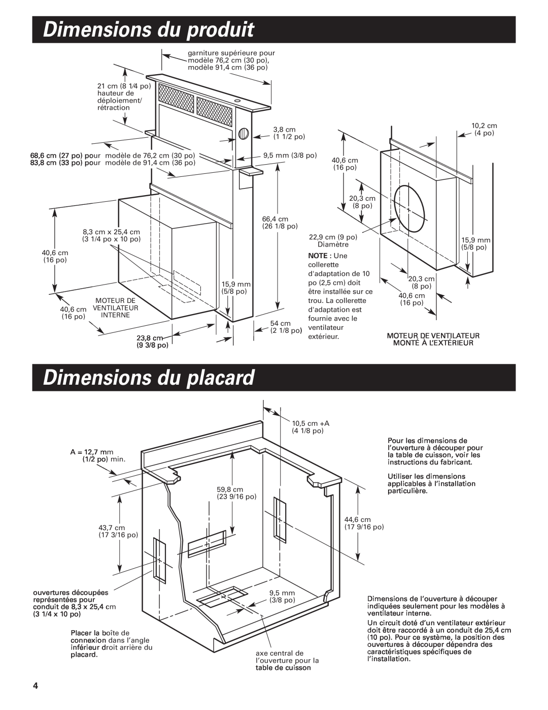 KitchenAid KPEU722M installation instructions Dimensions du produit, Dimensions du placard, NOTE Une 