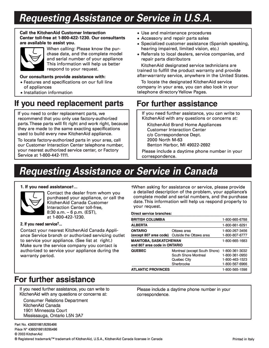 KitchenAid KPEU722M Requesting Assistance or Service in U.S.A, Requesting Assistance or Service in Canada 