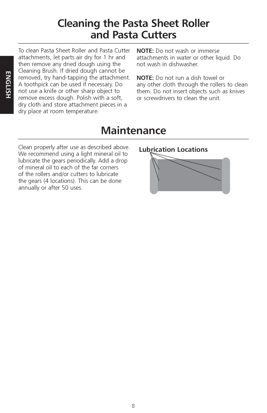 KitchenAid KPEX manual Cleaning the Pasta Sheet Roller Pasta Cutters, Maintenance 