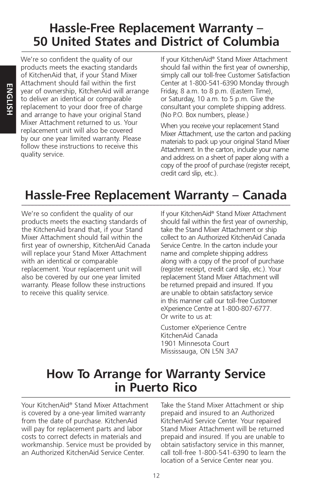 KitchenAid KPEX manual Hassle-Free Replacement Warranty Canada, How To Arrange for Warranty Service Puerto Rico 