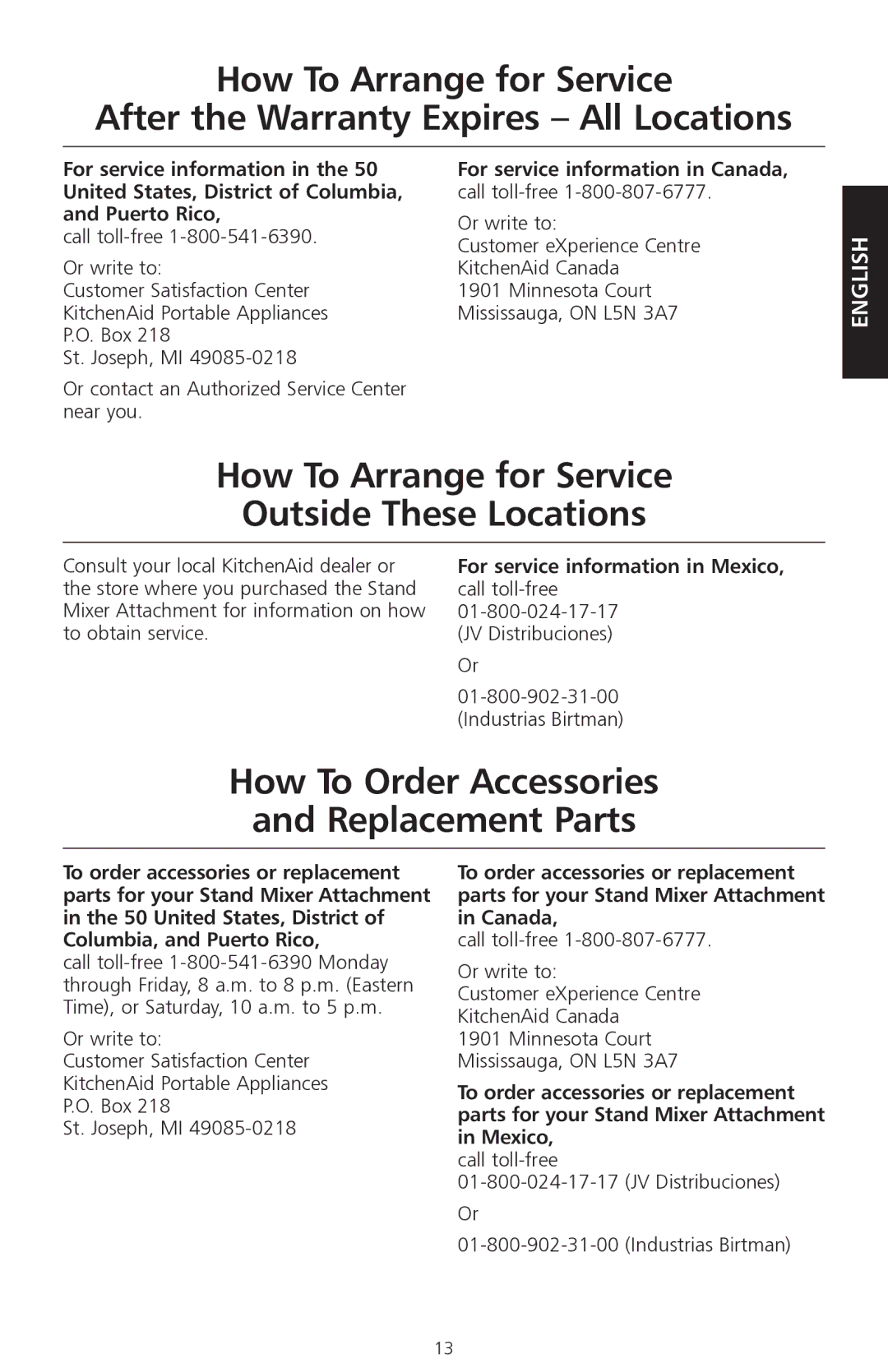 KitchenAid KPEX manual How To Arrange for Service Outside These Locations, How To Order Accessories Replacement Parts 