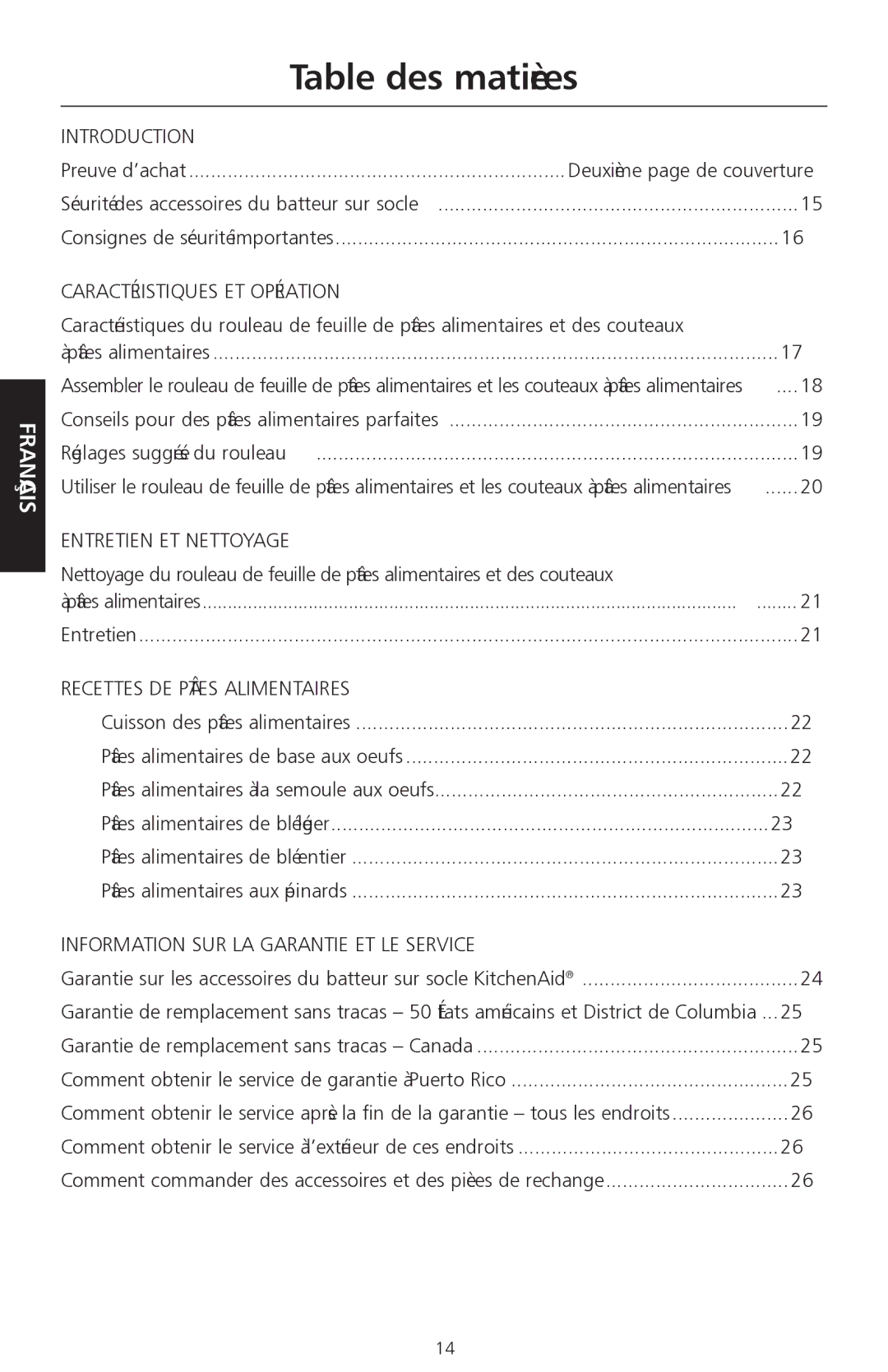 KitchenAid KPEX manual Table des matières 