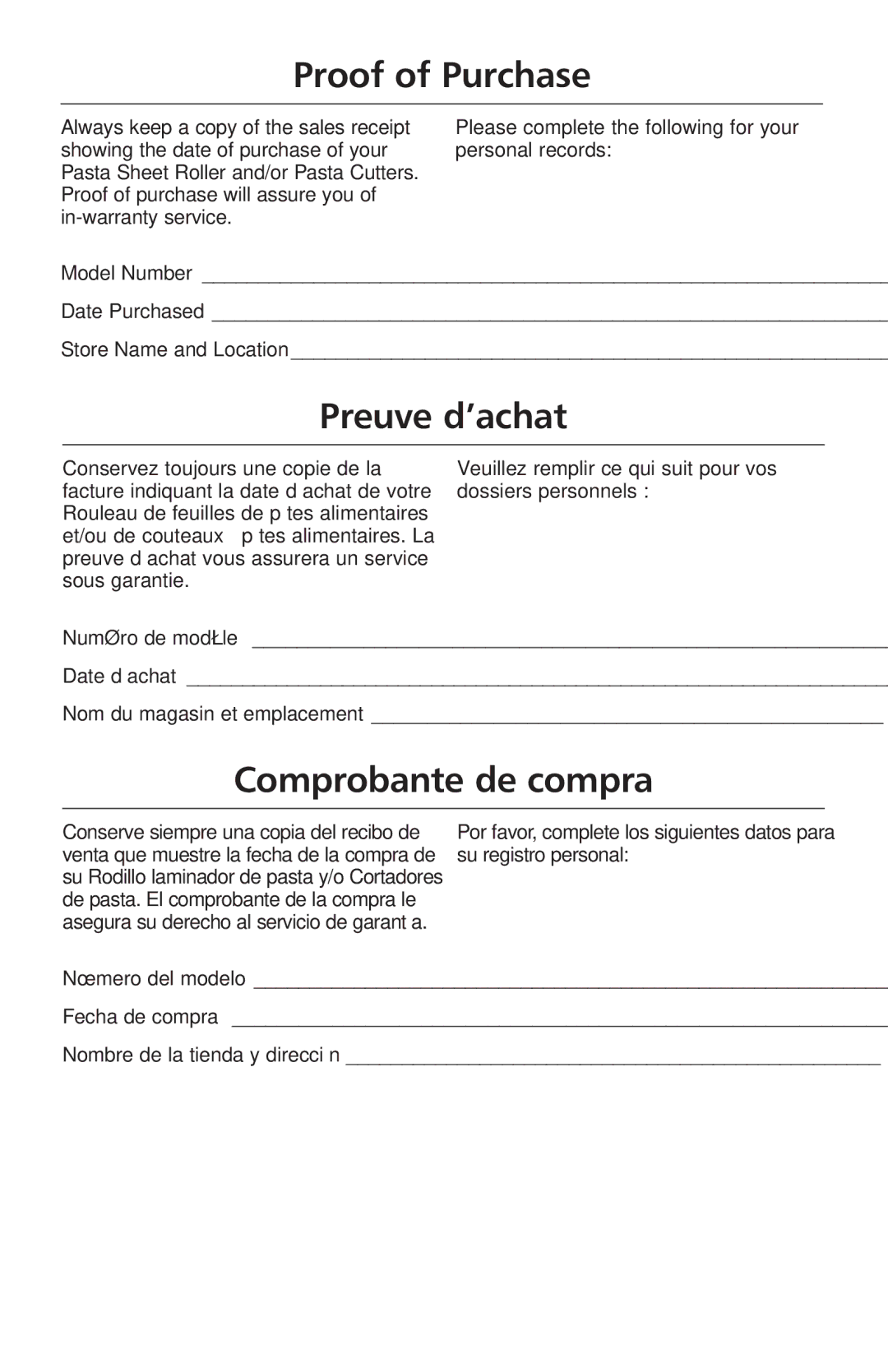 KitchenAid KPEX manual Proof of Purchase, Preuve d’achat, Comprobante de compra 