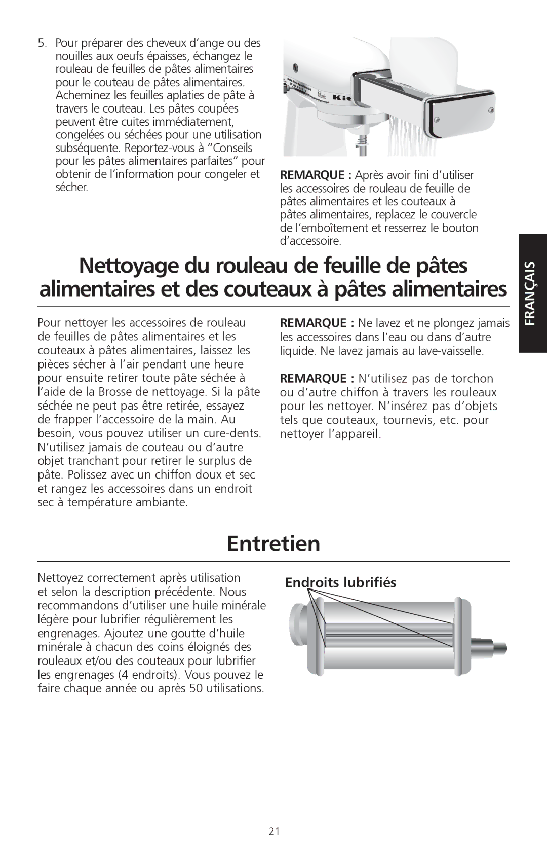 KitchenAid KPEX manual Nettoyage du rouleau de feuille de pâtes, Entretien, Nettoyez correctement après utilisation 