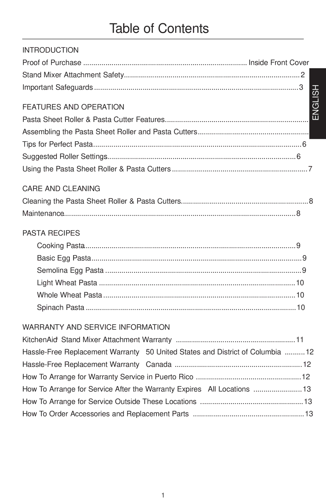 KitchenAid KPEX manual Table of Contents 