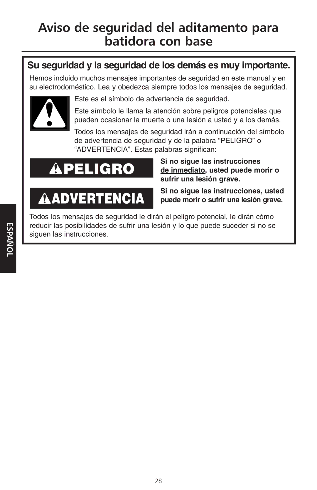 KitchenAid KPEX manual Aviso de seguridad del aditamento para Batidora con base 