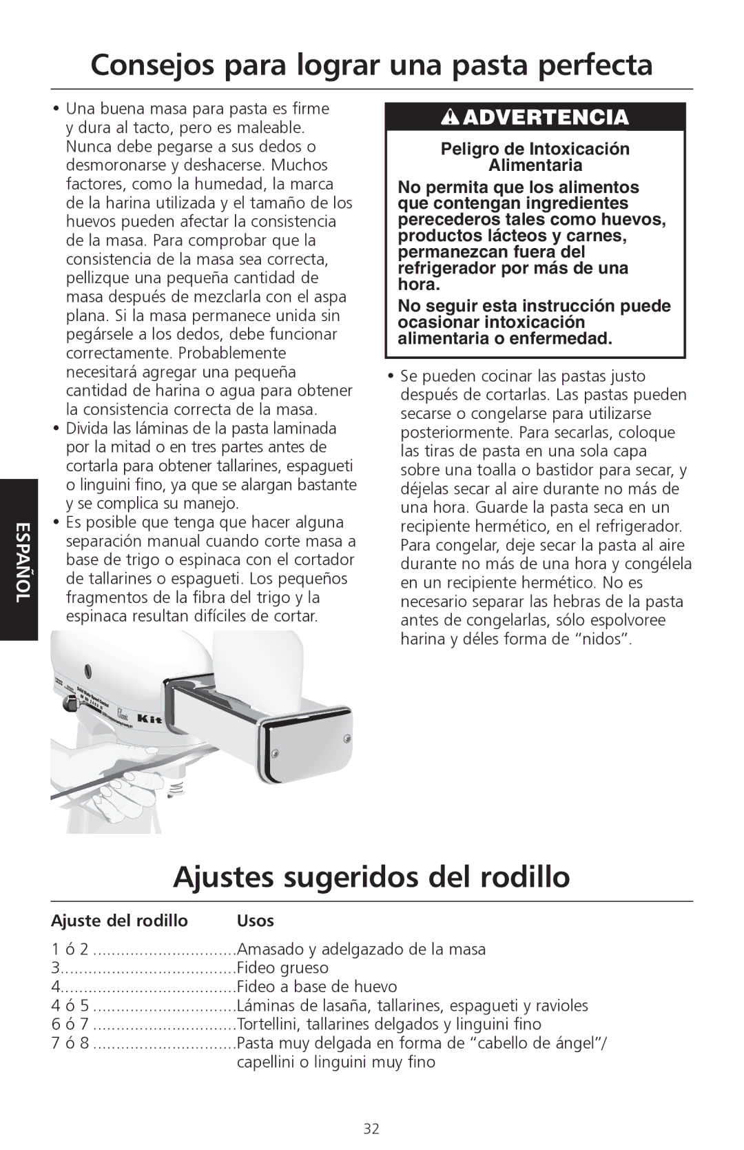 KitchenAid KPEX manual Consejos para lograr una pasta perfecta, Ajustes sugeridos del rodillo, Ajuste del rodillo Usos 