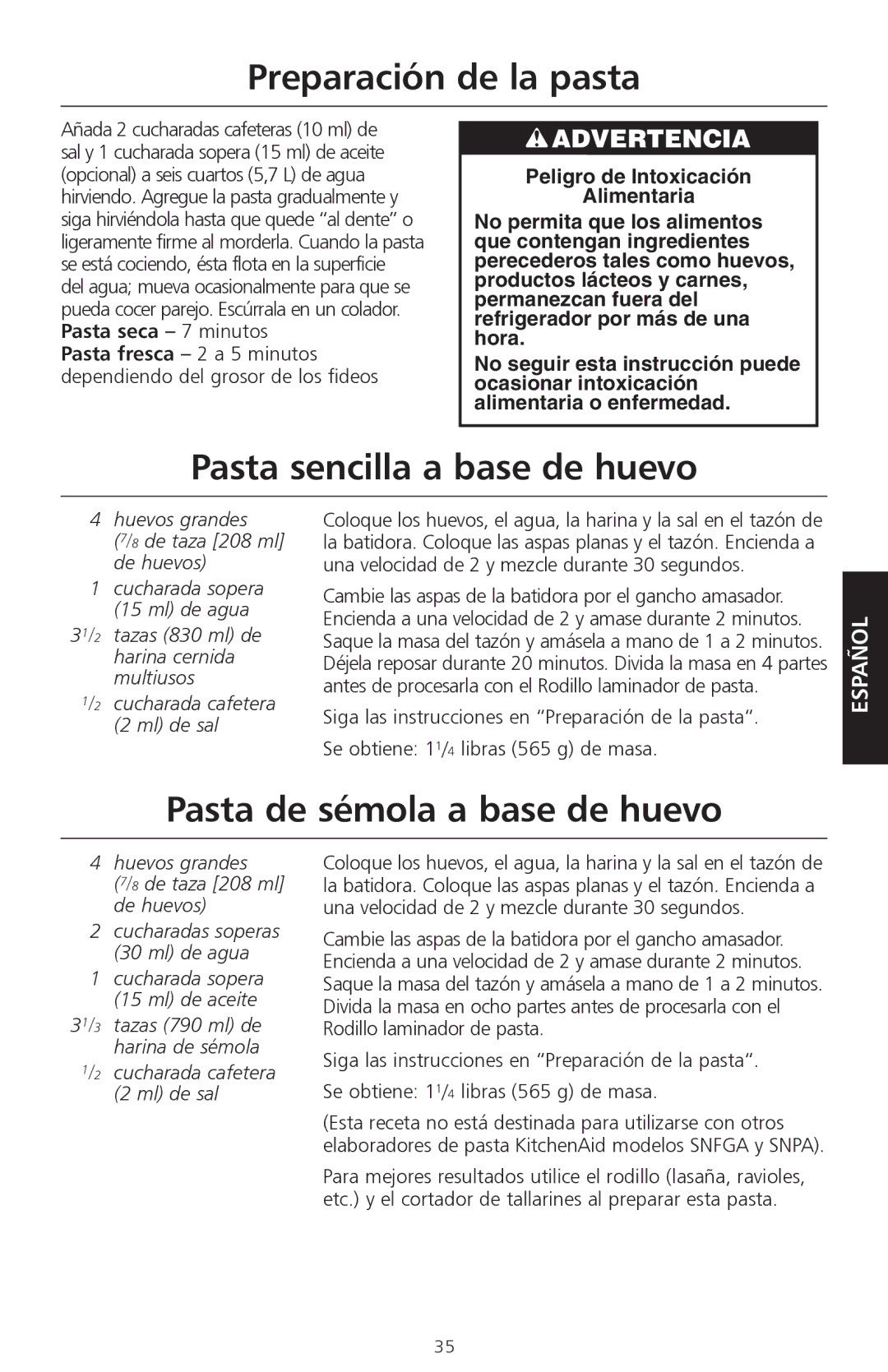 KitchenAid KPEX manual Preparación de la pasta, Pasta sencilla a base de huevo, Pasta de sémola a base de huevo 