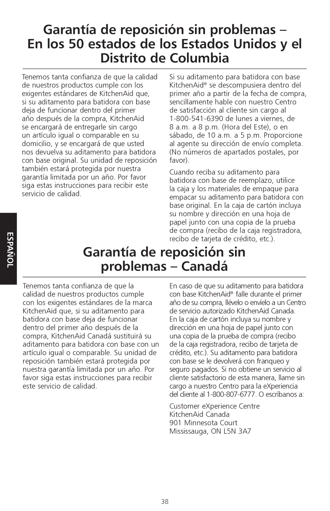 KitchenAid KPEX manual Garantía de reposición sin Problemas Canadá, Customer eXperience Centre KitchenAid Canada 