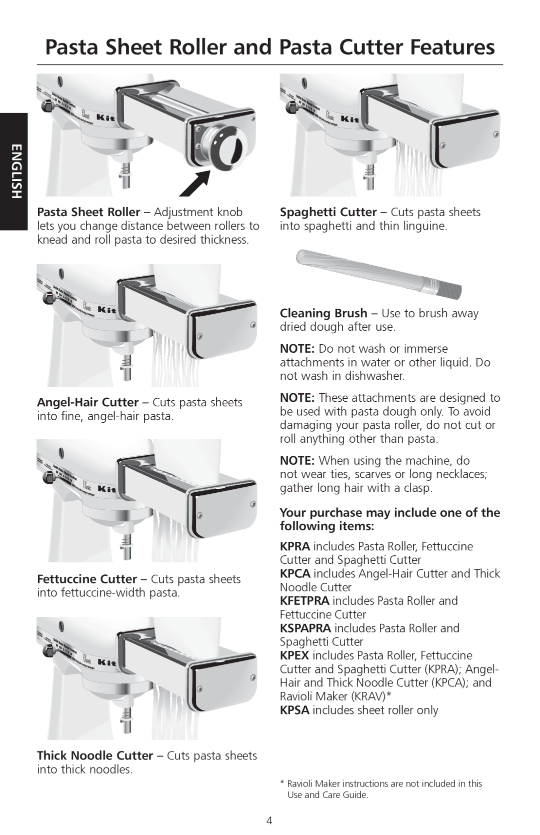 KitchenAid KPEX manual Pasta Sheet Roller and Pasta Cutter Features 