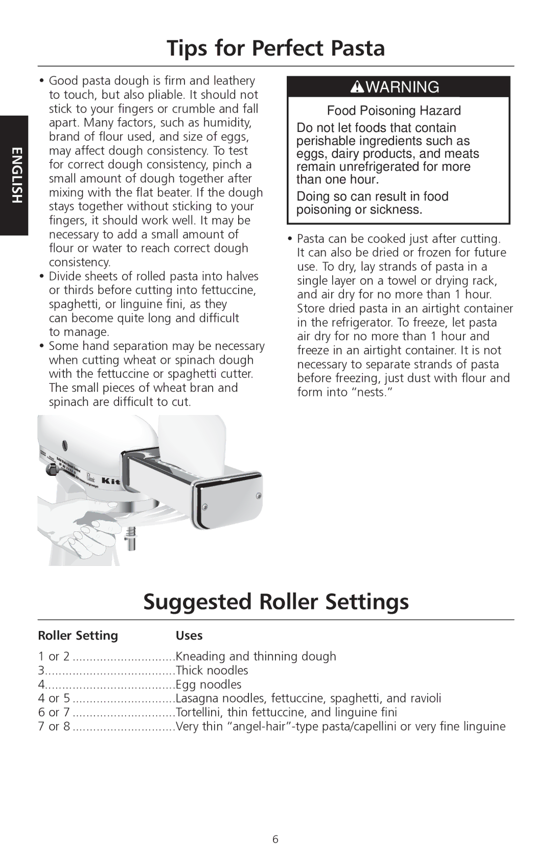 KitchenAid KPEX manual Tips for Perfect Pasta, Suggested Roller Settings, Roller Setting Uses 