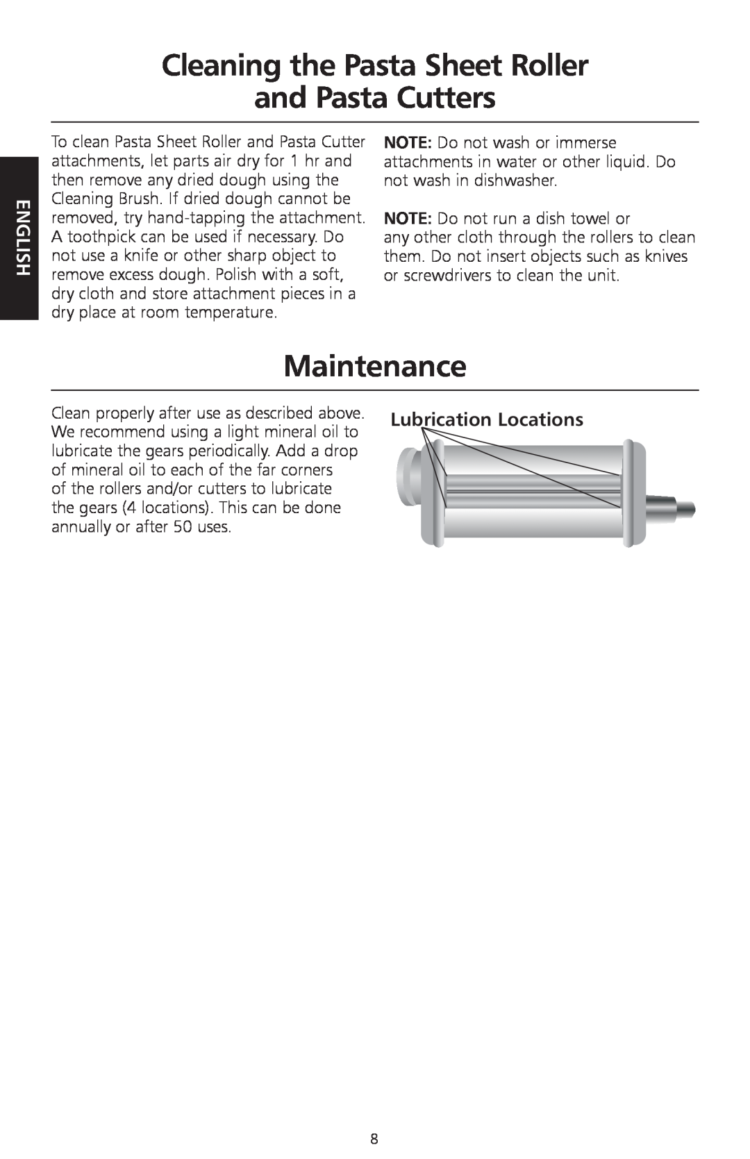 KitchenAid KPEX manual Cleaning the Pasta Sheet Roller and Pasta Cutters, Maintenance, English 