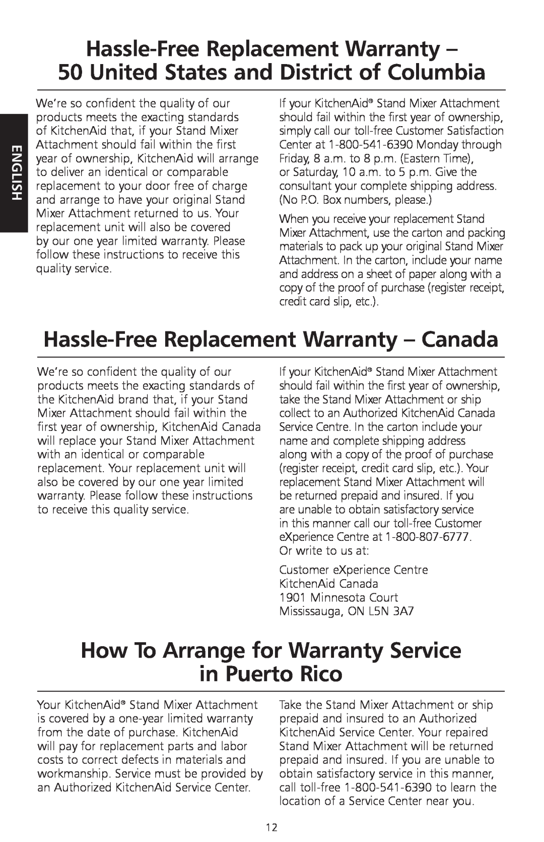 KitchenAid KPEX manual Hassle-Free Replacement Warranty, United States and District of Columbia, English 