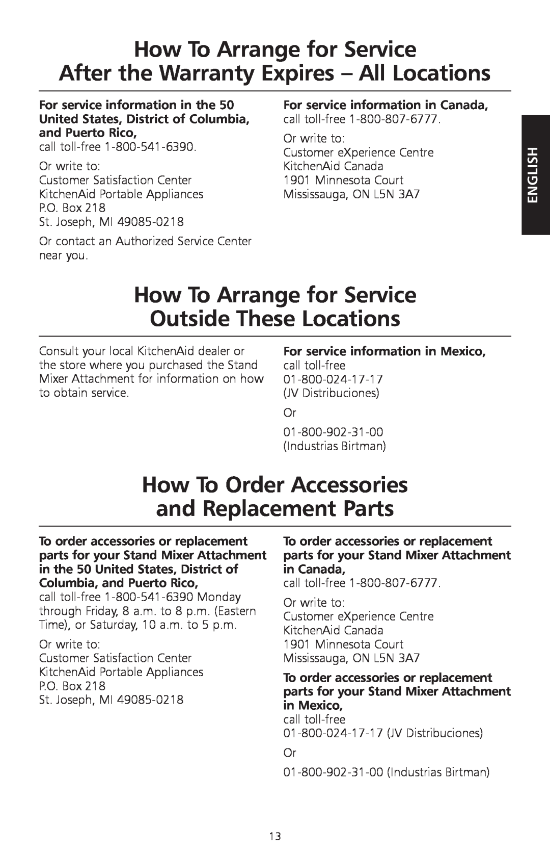KitchenAid KPEX manual How To Arrange for Service After the Warranty Expires - All Locations, English 