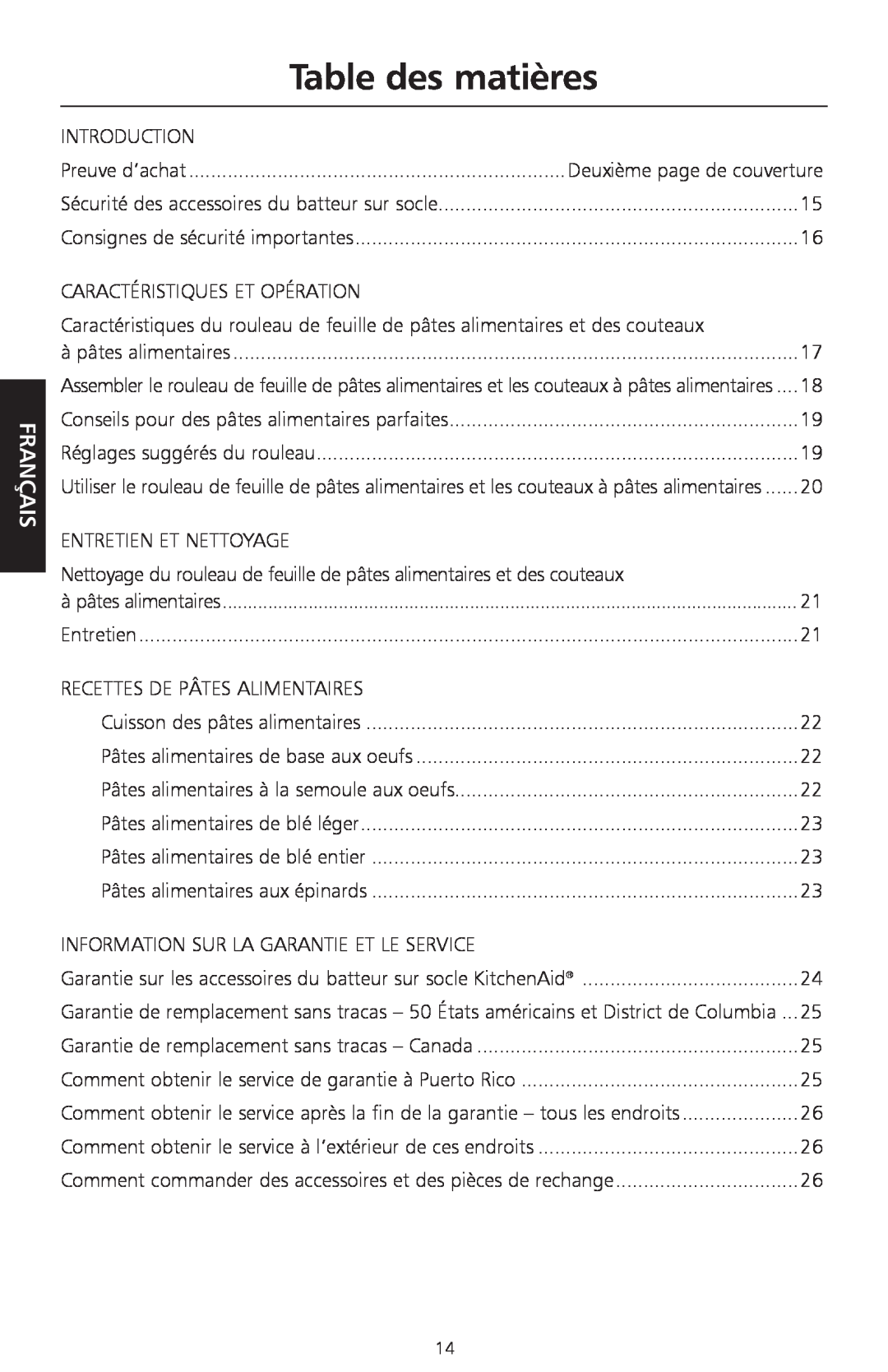 KitchenAid KPEX manual Table des matières, Français 